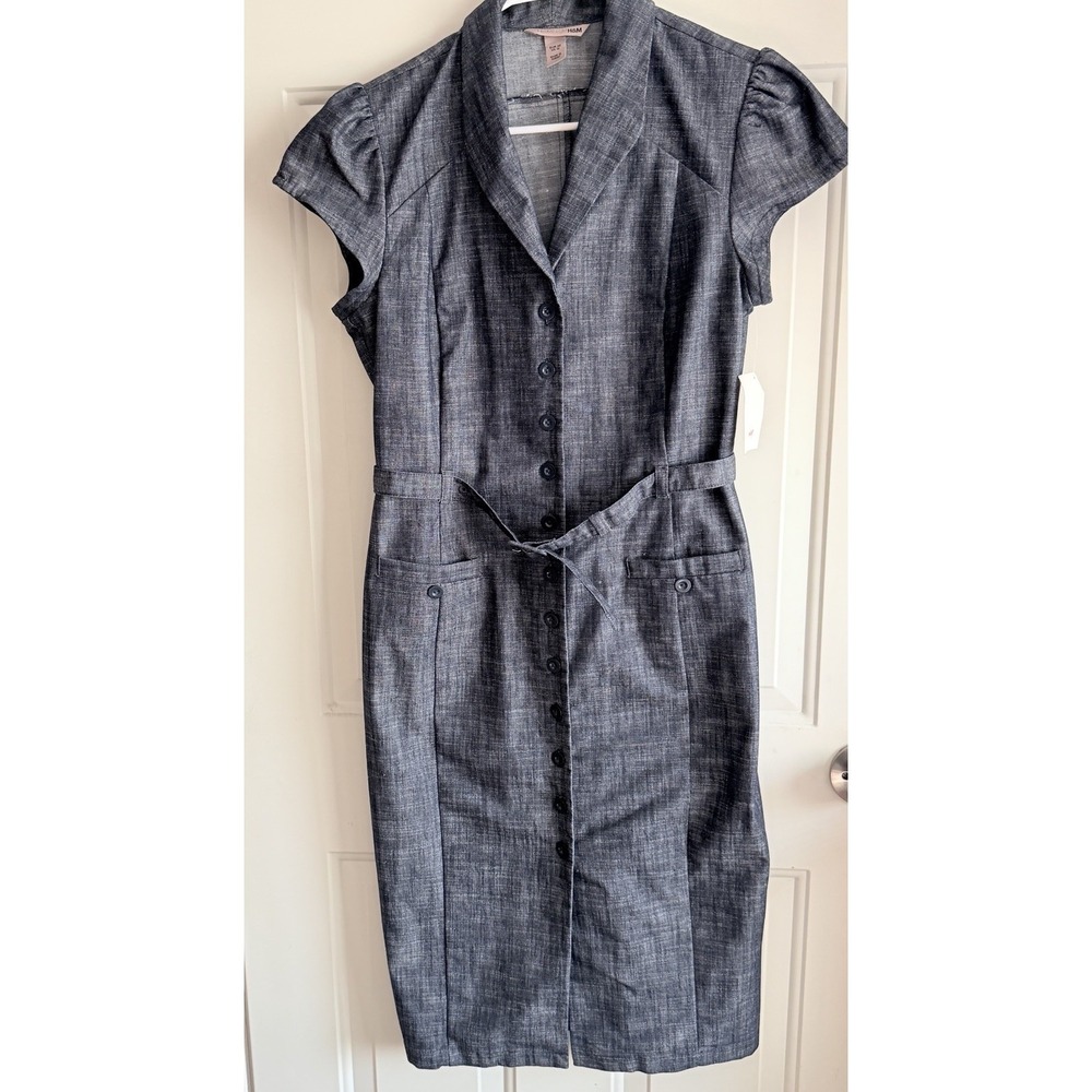 H&M Chambray‎ Midi Dress Womens 12 Gray Button Front Belted New Tags